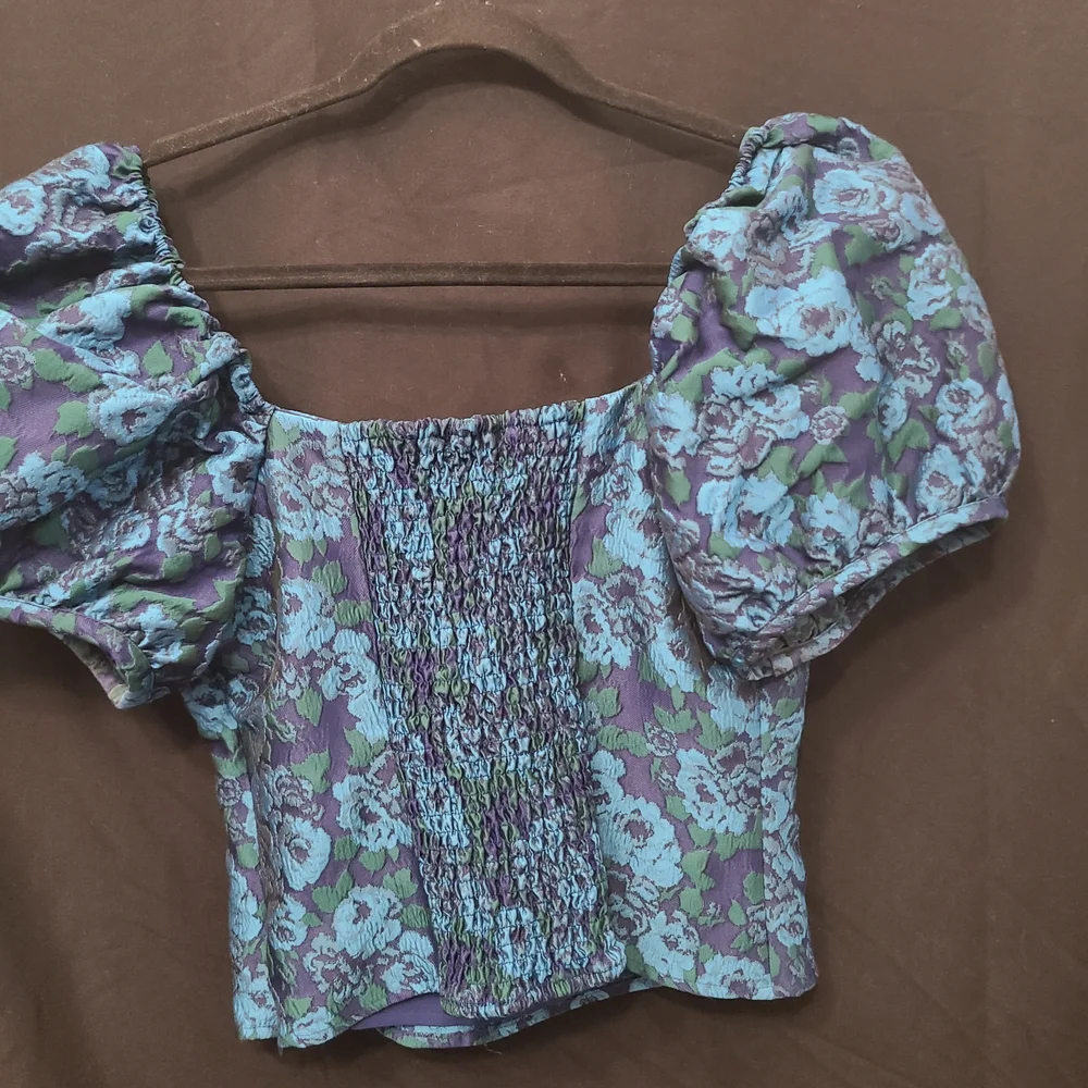 Anthropologies Blue And Green Floral Puff Sleeve Top Zipper Side Sz 4 Bridgerton